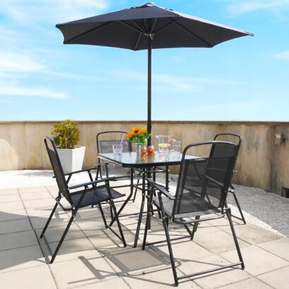 Set mobilier gradina sau terasa: Masa, 4 scaune si umbrela - culoare negru, metal, pentru 4 persoane