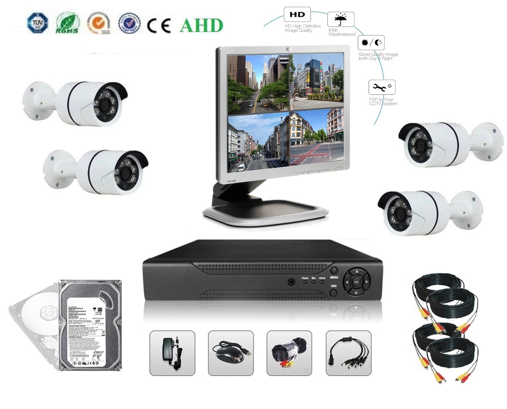 Sistem complet, supraveghere monitorizare video CCTV FULL HD, DVR 4 camere interior/exterior cu HDD 1Tb si Monitor