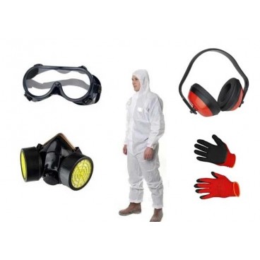 Echipament de protecție pentru atomizor: combinezon, mască cu filtru, ochelari, cască antifoane, mănuși